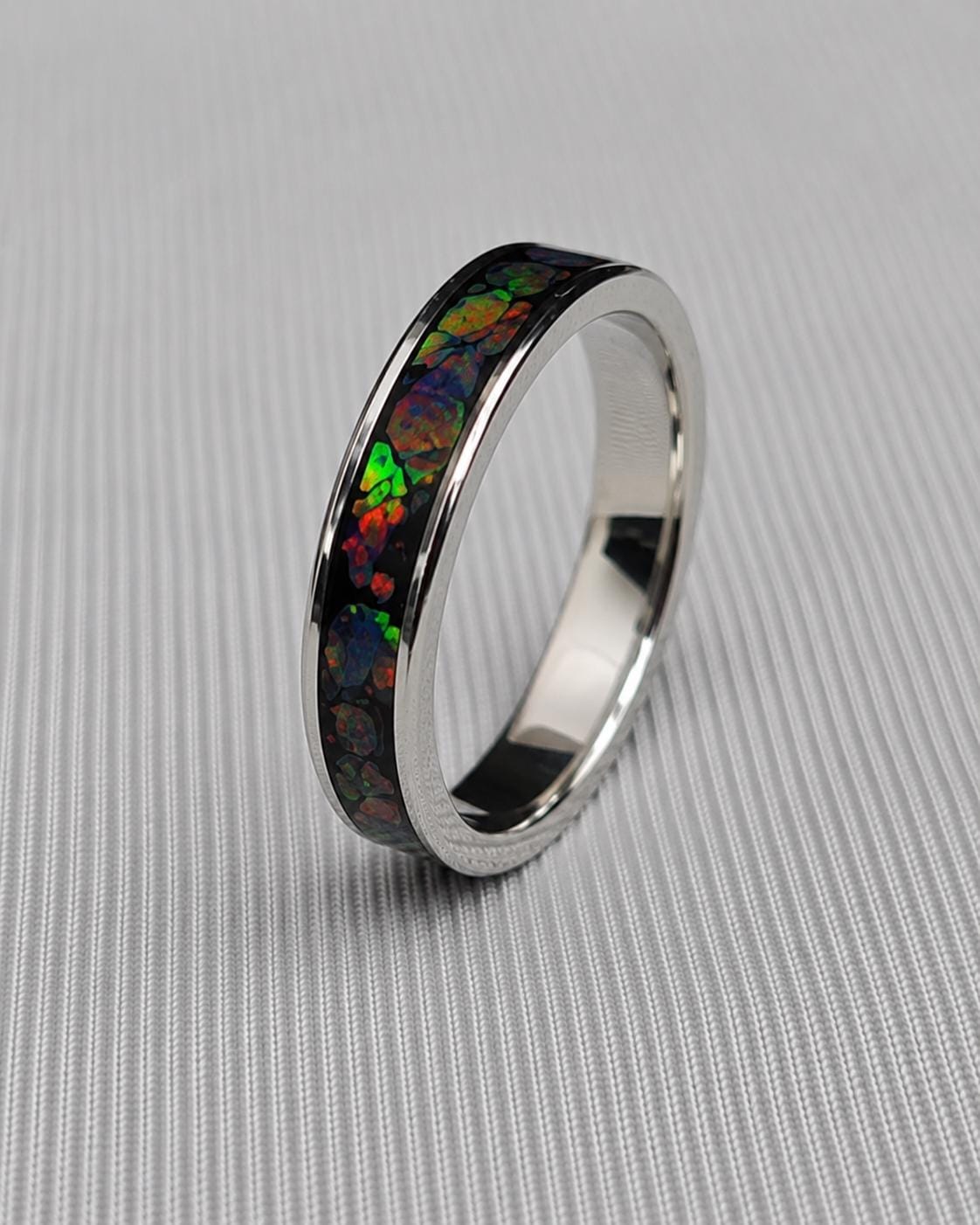 Black Opal Ring, Stainless Steel Wedding Band, Cherry Wood Box