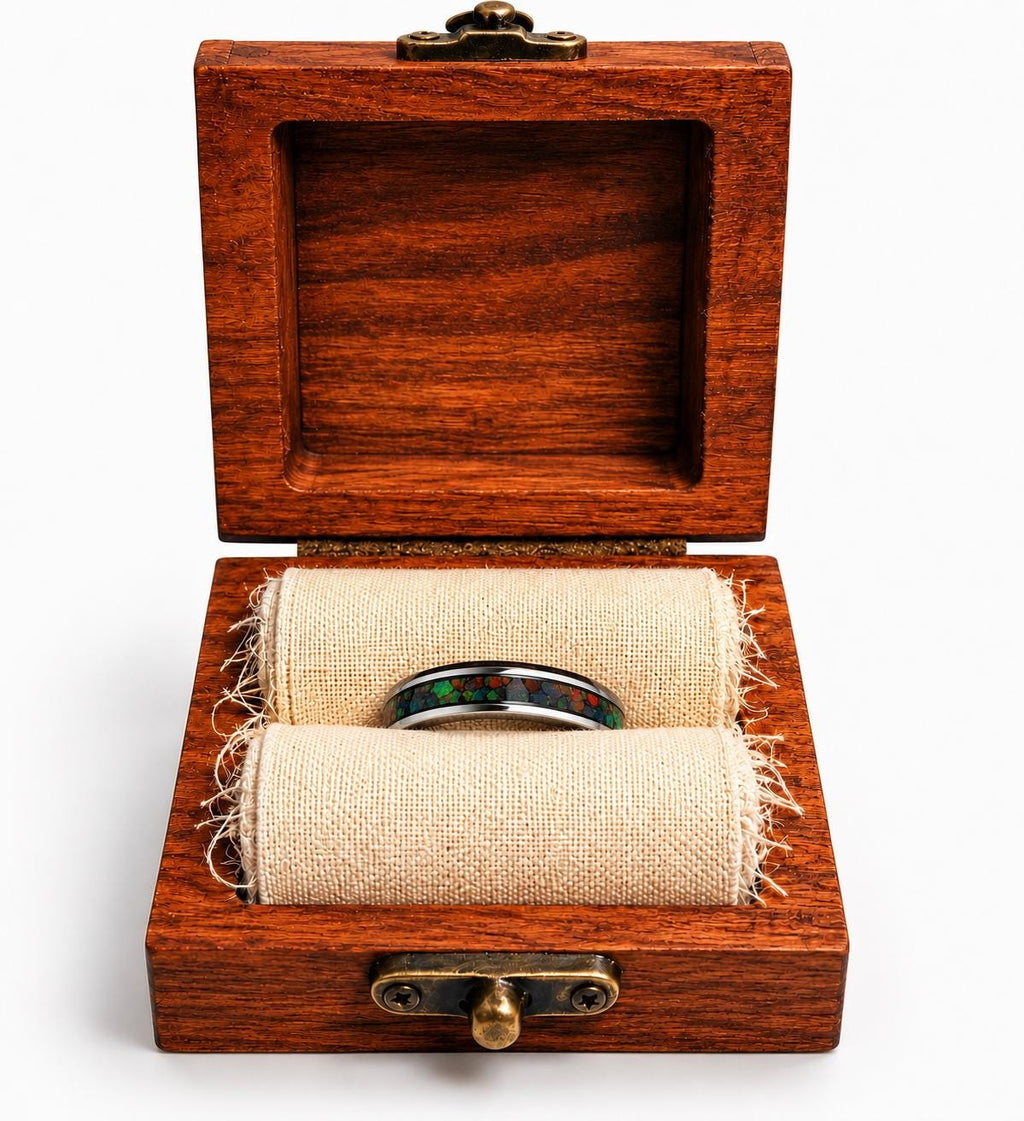 Black Opal Ring, Stainless Steel Wedding Band, Cherry Wood Box