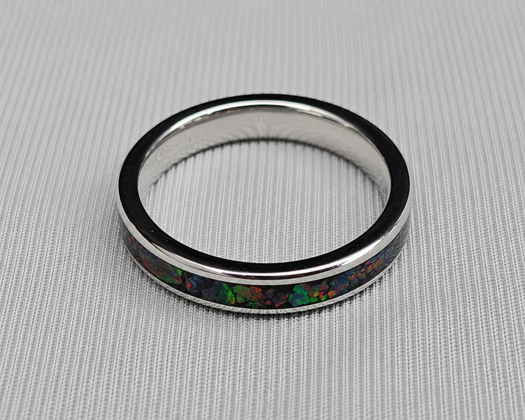 Black Opal Ring, Stainless Steel Wedding Band, Cherry Wood Box