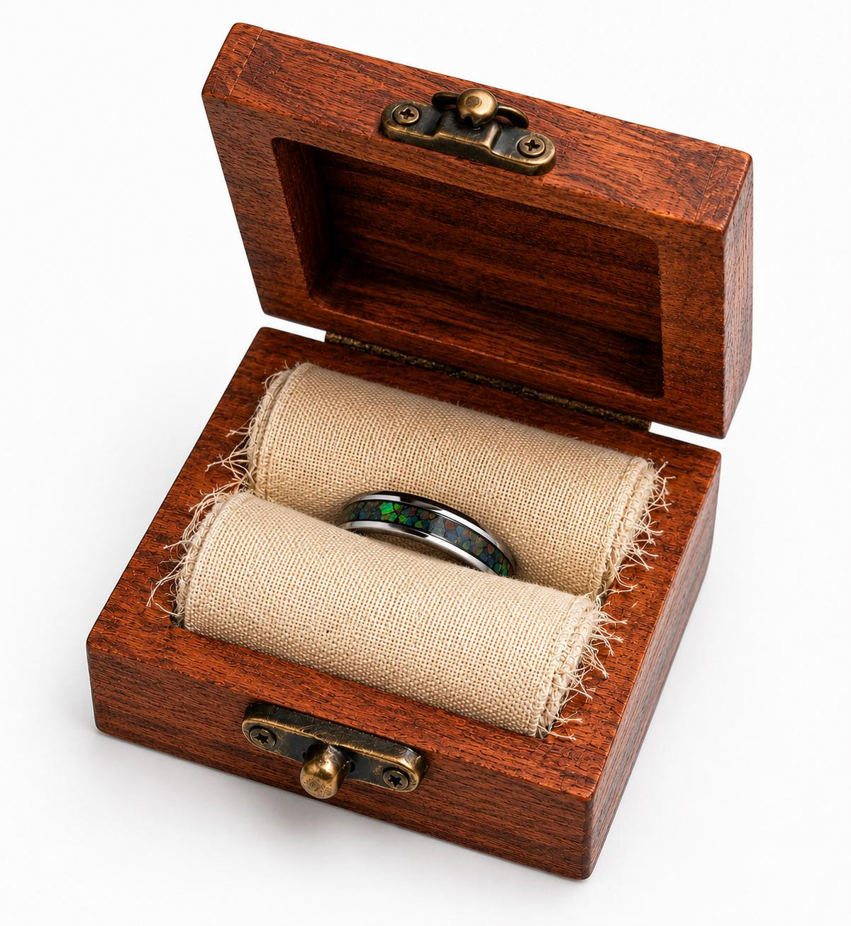 Black Opal Ring, Stainless Steel Wedding Band, Cherry Wood Box