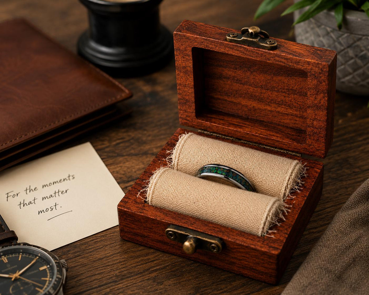 Black Opal Ring, Stainless Steel Wedding Band, Cherry Wood Box