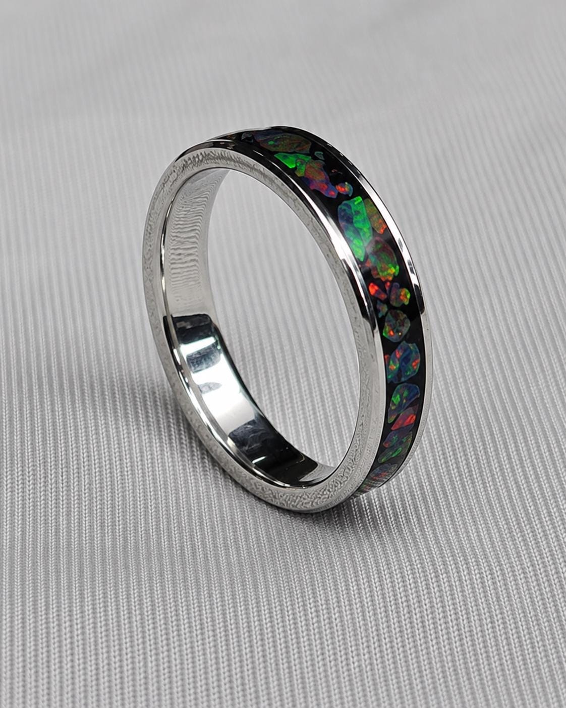 Black Opal Ring, Stainless Steel Wedding Band, Cherry Wood Box