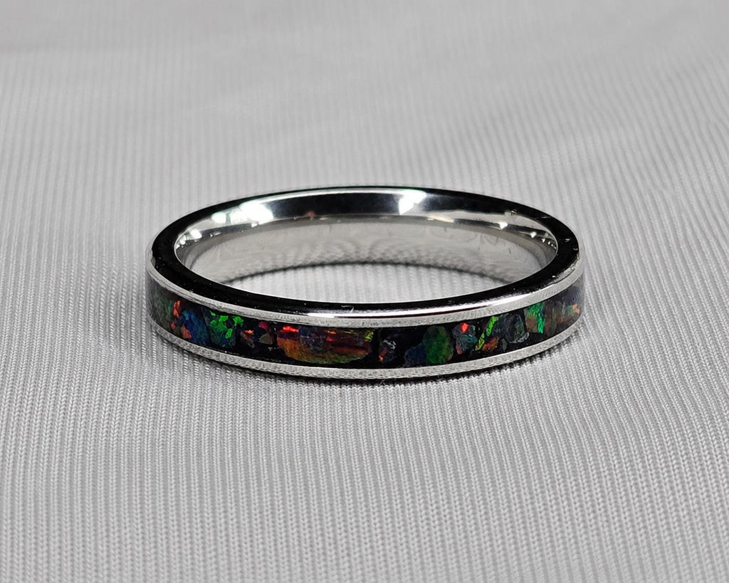 Black Opal Ring, Stainless Steel Wedding Band, Cherry Wood Box