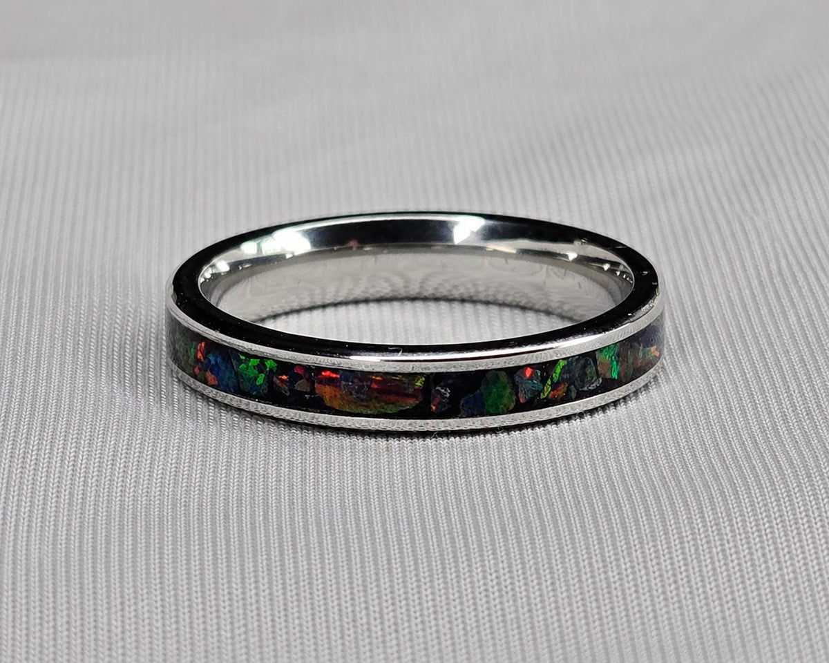 Black Opal Ring, Stainless Steel Wedding Band, Cherry Wood Box