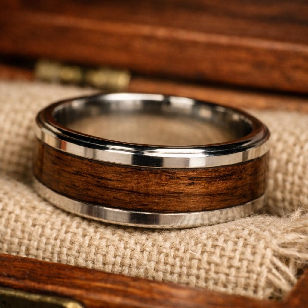 8mm Walnut Wood Stainless Steel Ring and Case Gift Set – Rustic Men’s Wedding Band, Comfort Fit