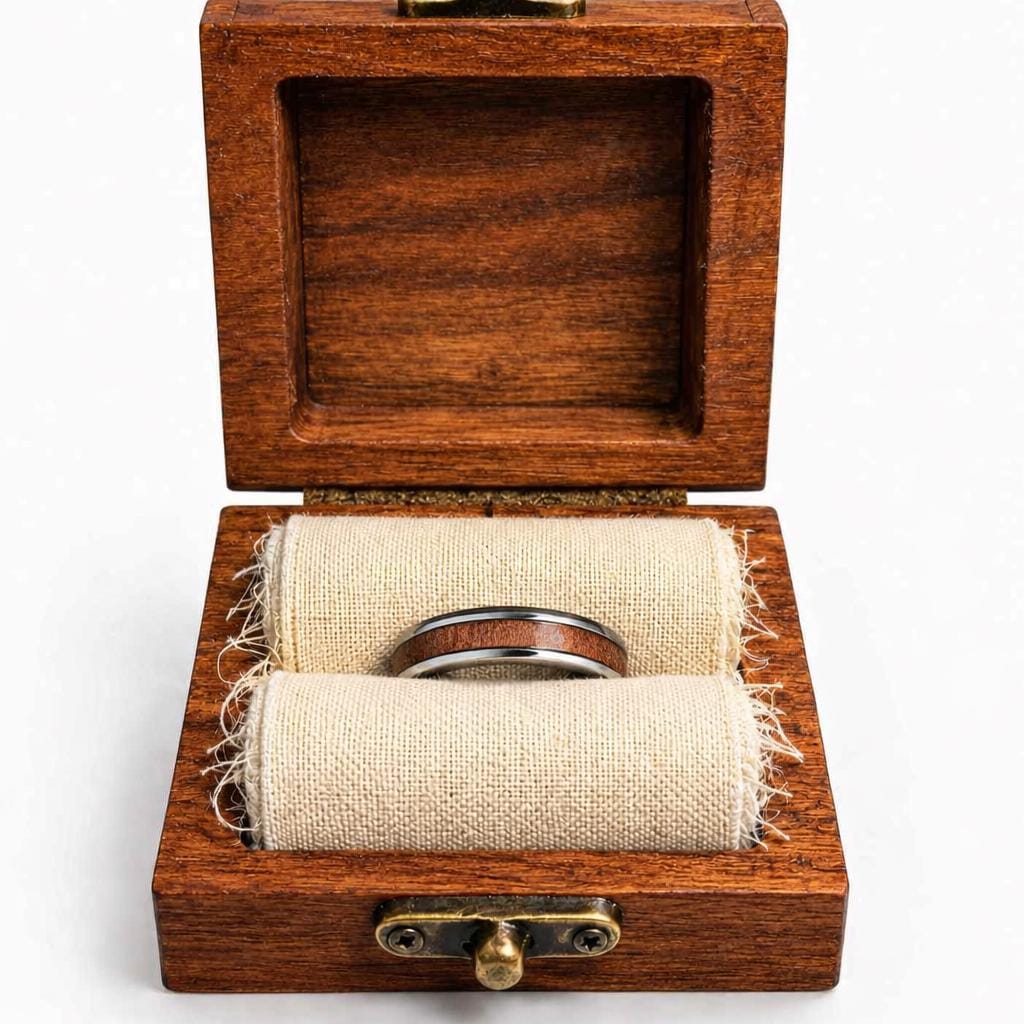 8mm Walnut Wood Stainless Steel Ring and Case Gift Set – Rustic Men’s Wedding Band, Comfort Fit