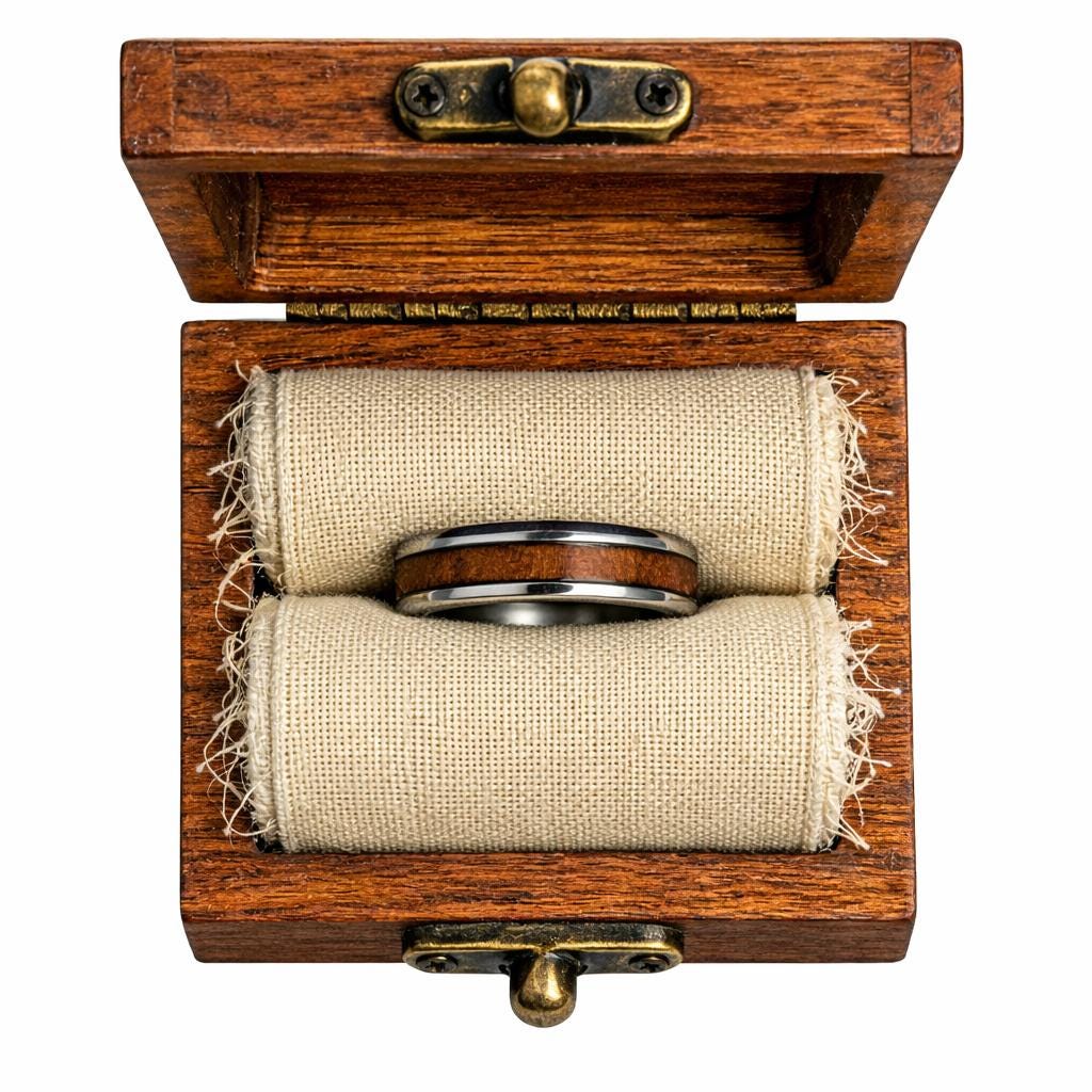8mm Walnut Wood Stainless Steel Ring and Case Gift Set – Rustic Men’s Wedding Band, Comfort Fit