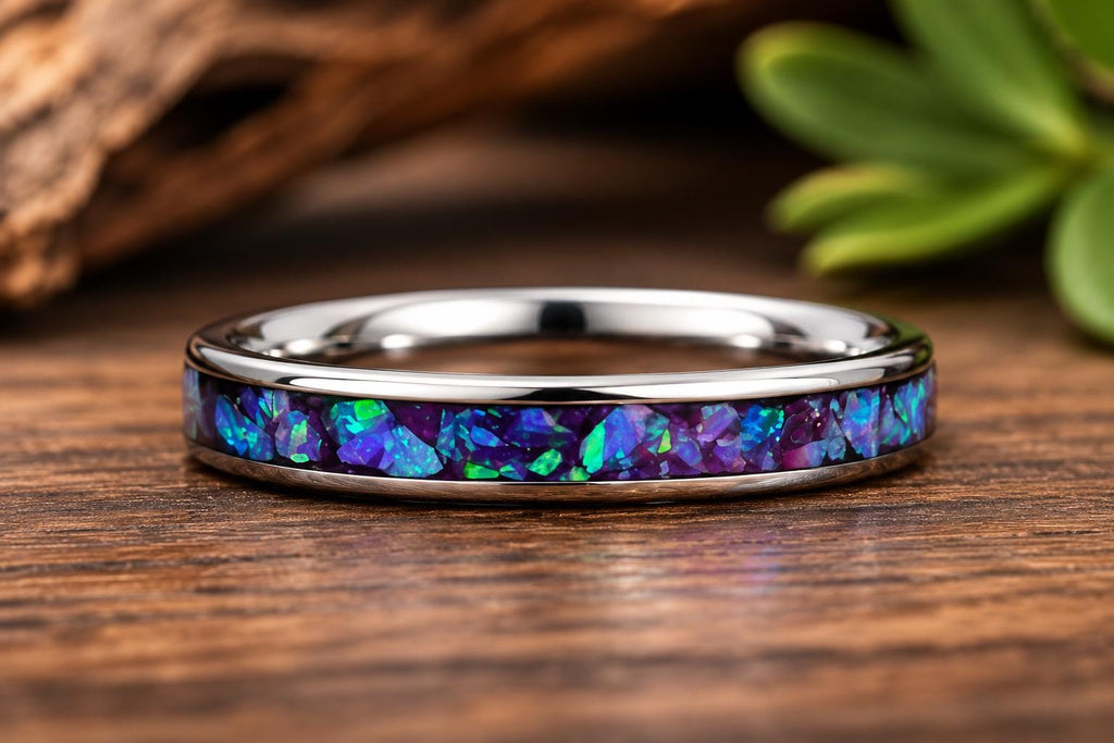 Blue‑Green Opal Inlay Ring – Polished Stainless Band – Handmade Men’s Jewelry – Rustic Gift Box – Iridescent Opal Ring for Him