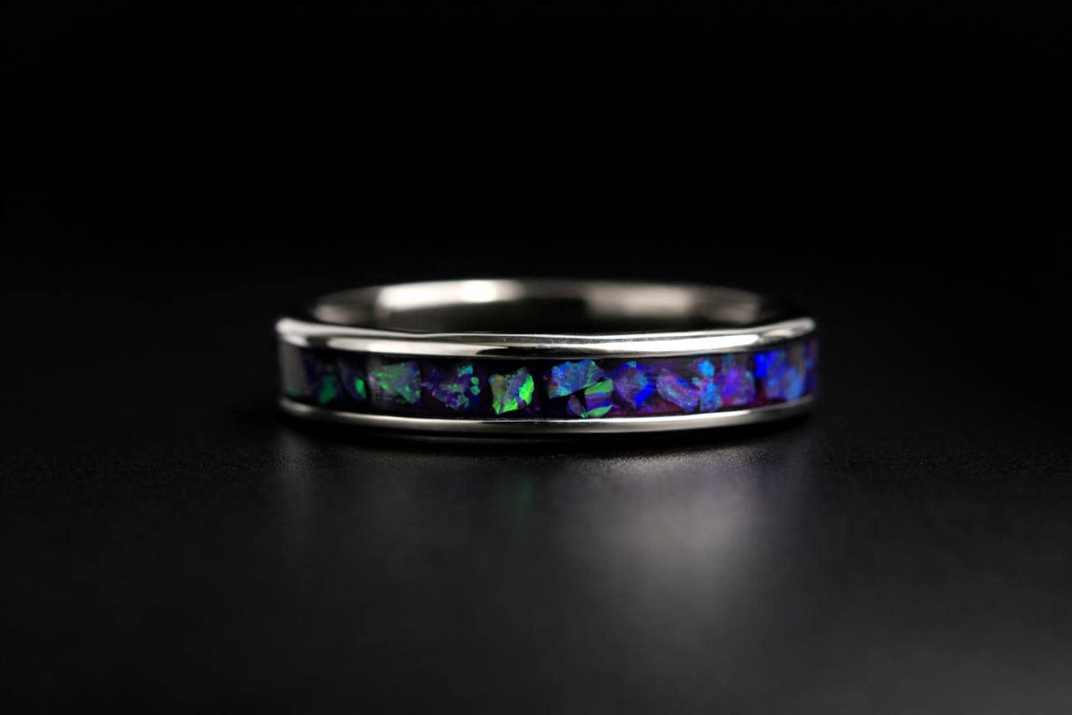 Blue‑Green Opal Inlay Ring – Polished Stainless Band – Handmade Men’s Jewelry – Rustic Gift Box – Iridescent Opal Ring for Him