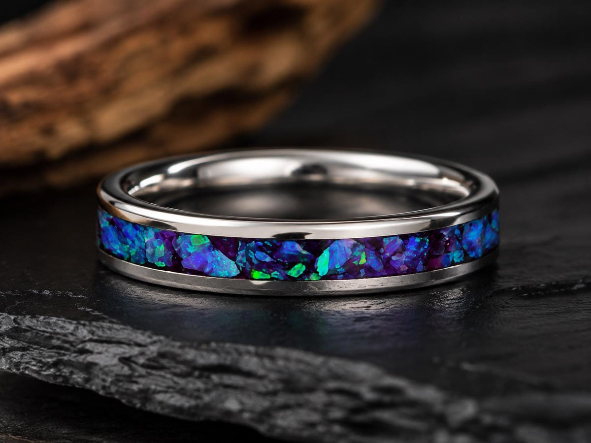 Blue‑Green Opal Inlay Ring – Polished Stainless Band – Handmade Men’s Jewelry – Rustic Gift Box – Iridescent Opal Ring for Him