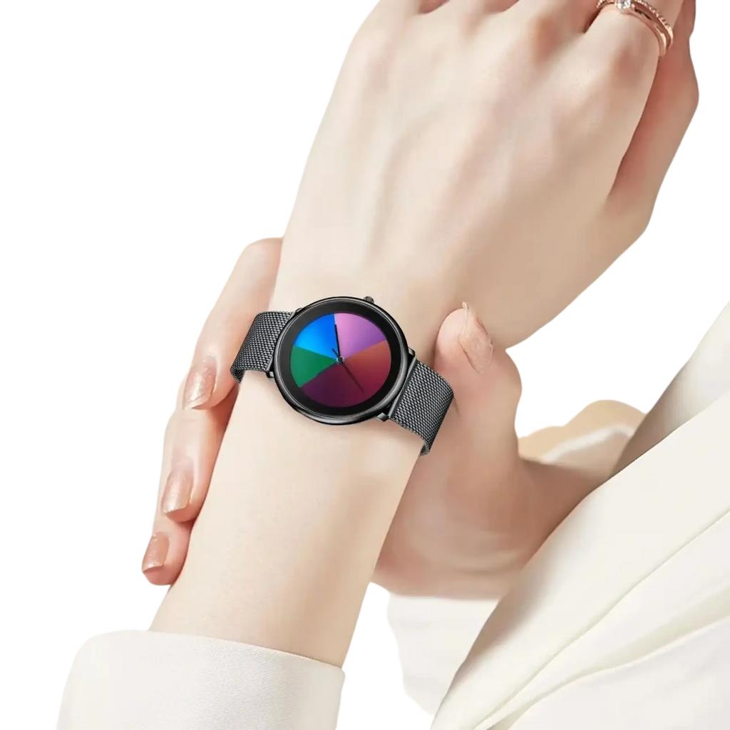 Women Rainbow Dial Quartz Watch Black Mesh