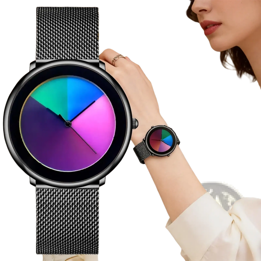 Women Rainbow Dial Quartz Watch Black Mesh
