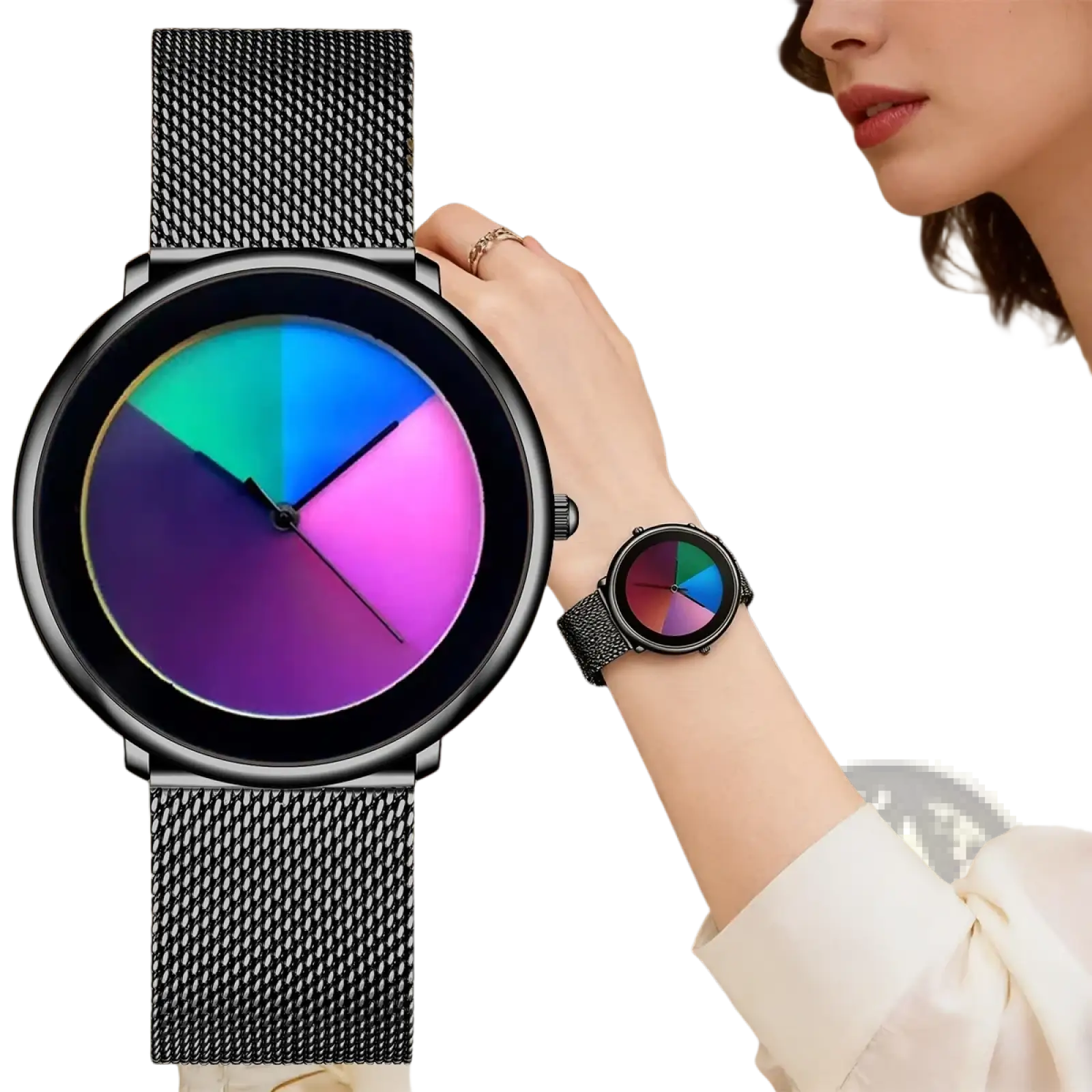 Women Rainbow Dial Quartz Watch Black Mesh