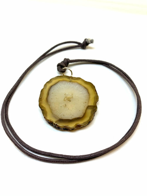 Blue Agate Slab Pendant Necklace Adjustable Leather Cord