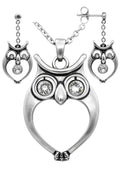 Owl Crystal Necklace And Earrings Set Sterling Silver