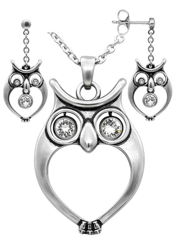 Owl Crystal Necklace And Earrings Set Sterling Silver