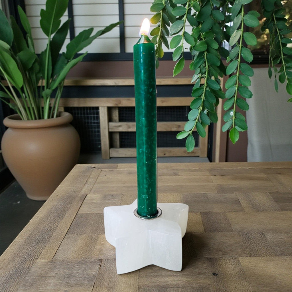 Selenite Satin Spar Mini Star Candle Holder – Sacred Space Chime Spell Altar Base