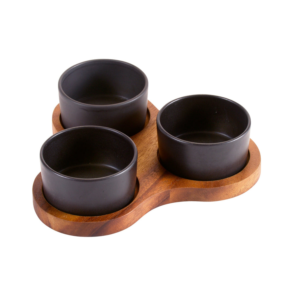 Triangular Acacia Charcuterie Board With 3 Black Ceramic Dishes 10x10 Inch