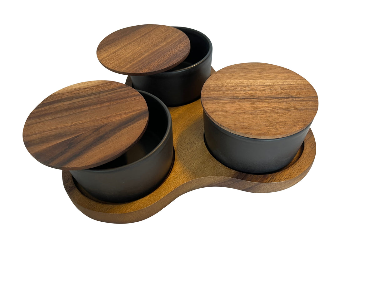 Triangular Acacia Charcuterie Board With 3 Black Ceramic Dishes 10x10 Inch