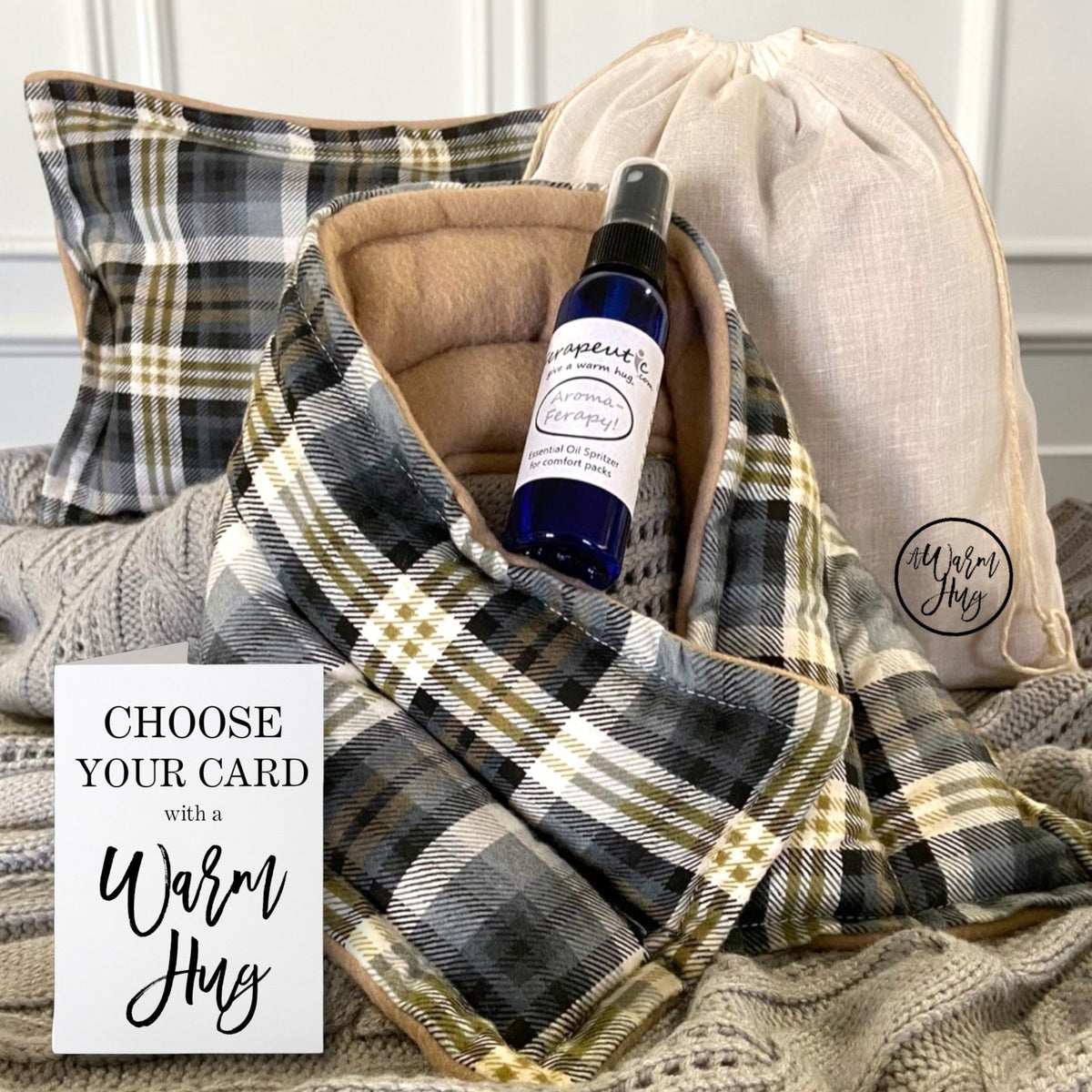Giving You A Warm Hug,  Generic Unisex Microwave Heating Pads Gift Set, Tan Plaid Fabric