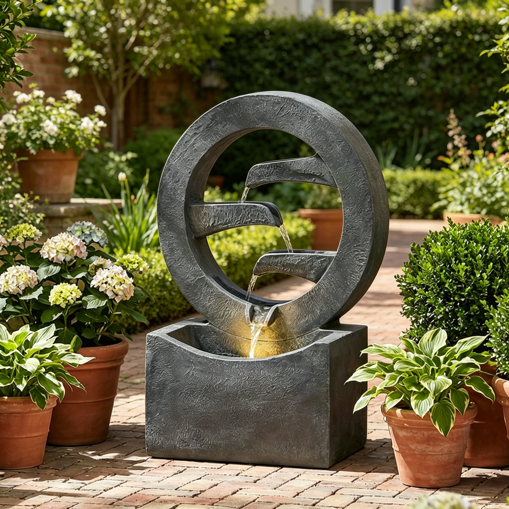Resin Zen Ring Outdoor Water Fountain with Warm LED
