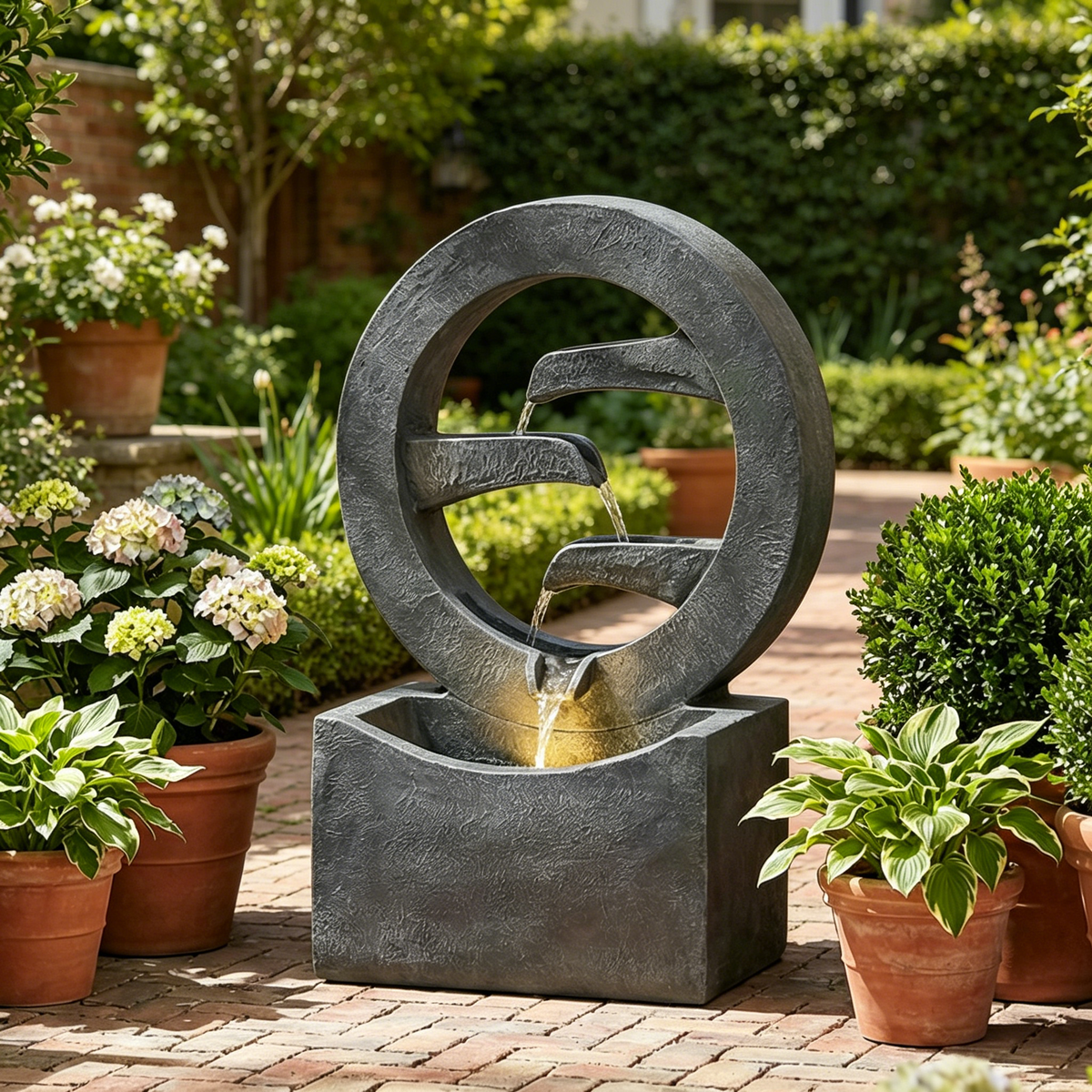 Resin Zen Ring Outdoor Water Fountain with Warm LED